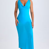 Ruffle-Trim Cowl-Neck Midaxi Kleid Aqua Sinises