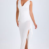 Ruffle-Trim Cowl-Neck Midaxi Kleit Valges