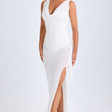 Ruffle-Trim Cowl-Neck Midaxi Kleit Valges