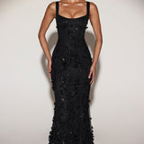 Kaunistatud Appliqué Pehme Koonus Corset Kleit Mustas
