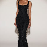 Kaunistatud Appliqué Pehme Koonus Corset Kleit Mustas