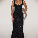 Kaunistatud Appliqué Pehme Koonus Corset Kleit Mustas