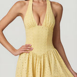 Modal Broderie Anglaise Halterneck Midaxi Kleid Lemon Kollane
