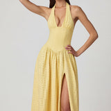 Modal Broderie Anglaise Halterneck Midaxi Kleid Lemon Kollane