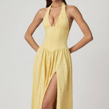 Modal Broderie Anglaise Halterneck Midaxi Kleid Lemon Kollane