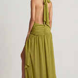 Asümmeetriline Halterkaelusega Maxi Kleid Olive Rohelises