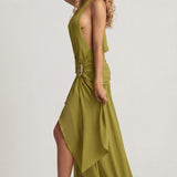 Asümmeetriline Halterkaelusega Maxi Kleid Olive Rohelises