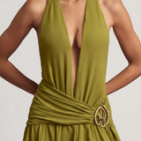 Asümmeetriline Halterkaelusega Maxi Kleid Olive Rohelises