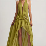 Asümmeetriline Halterkaelusega Maxi Kleid Olive Rohelises