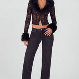 Must Sheer Lace Faux-Fur-Trim Cardigan