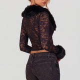 Must Sheer Lace Faux-Fur-Trim Cardigan