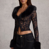 Must Sheer Lace Faux-Fur-Trim Cardigan