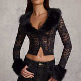 Must Sheer Lace Faux-Fur-Trim Cardigan