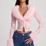 Kerge pitsiline faux-fur-äärisega kardigan roosas