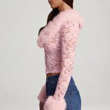 Kerge pitsiline faux-fur-äärisega kardigan roosas