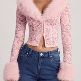 Kerge pitsiline faux-fur-äärisega kardigan roosas
