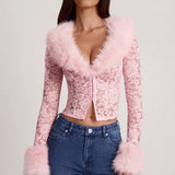 Kerge pitsiline faux-fur-äärisega kardigan roosas