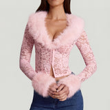 Kerge pitsiline faux-fur-äärisega kardigan roosas