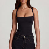 Must pehme jersey ruched top ruudukujulise kaelusega