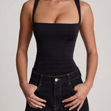 Must pehme jersey ruched top ruudukujulise kaelusega