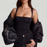 Must pehme jersey ruched top ruudukujulise kaelusega