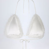 Valge faux karusnaha kolmnurkne bralette