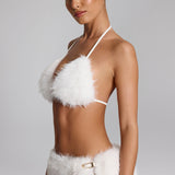 Valge faux karusnaha kolmnurkne bralette