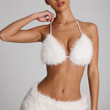 Valge faux karusnaha kolmnurkne bralette