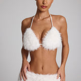 Valge faux karusnaha kolmnurkne bralette