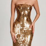 3D Kaunistatud Bandeau Maxi Kleid Goldis