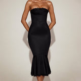 Satiinist pitsiga ääristatud bandeau flöödid midaxi kleit mustas