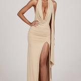 Pehme Jersey Plunge Halterneck Maxi Kleid Champagne'is