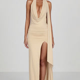 Pehme Jersey Plunge Halterneck Maxi Kleid Champagne'is