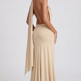 Pehme Jersey Plunge Halterneck Maxi Kleid Champagne'is