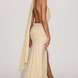 Pehme Jersey Plunge Halterneck Maxi Kleid Champagne'is