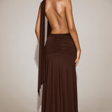 Šokolaadi pruuni Soft-Jersey Plunge Halterneck Maxi Kleid