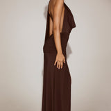 Šokolaadi pruuni Soft-Jersey Plunge Halterneck Maxi Kleid