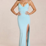 Sügav V-kaelusega Maxi Kleid Light Blue