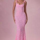 Lace Sweetheart-Neck Gown in Blush Pink