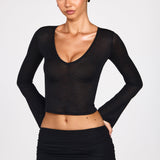 Must Sheer Jersey Plunge Pikkade Varrukatega Topp