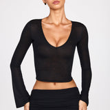 Must Sheer Jersey Plunge Pikkade Varrukatega Topp