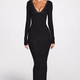 Ribbed Modal Pikkade Varrukatega Plunge Maxi Kleidid Mustas