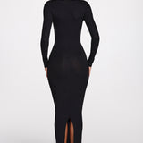 Ribbed Modal Pikkade Varrukatega Plunge Maxi Kleidid Mustas