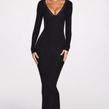 Ribbed Modal Pikkade Varrukatega Plunge Maxi Kleidid Mustas