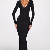 Ribbed Modal Pikkade Varrukatega Plunge Maxi Kleidid Mustas
