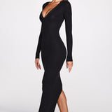 Ribbed Modal Pikkade Varrukatega Plunge Maxi Kleidid Mustas