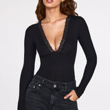 Ribbed Modal Pika Varrukaga Bodysuit Mustas