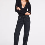 Ribbed Modal Pika Varrukaga Bodysuit Mustas