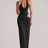 Sügav Plunge Halterneck Maxi Kleit Mustas