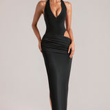 Sügav Plunge Halterneck Maxi Kleit Mustas